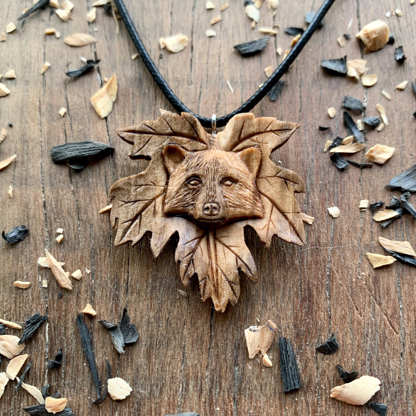 Raccon Head On Maple Leaf Pendant