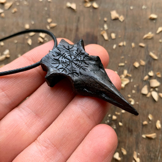 Raven’s Skull Aeigshjalmur Bog Oak Wood Pendant