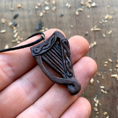 Celtic Harp Walnut Wood Pendant