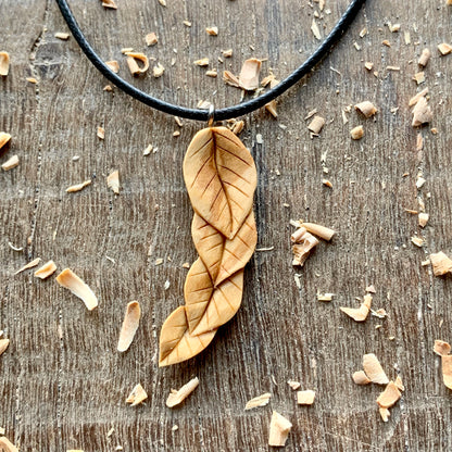 Leaves Pendant Hand Carved In Olive Wood