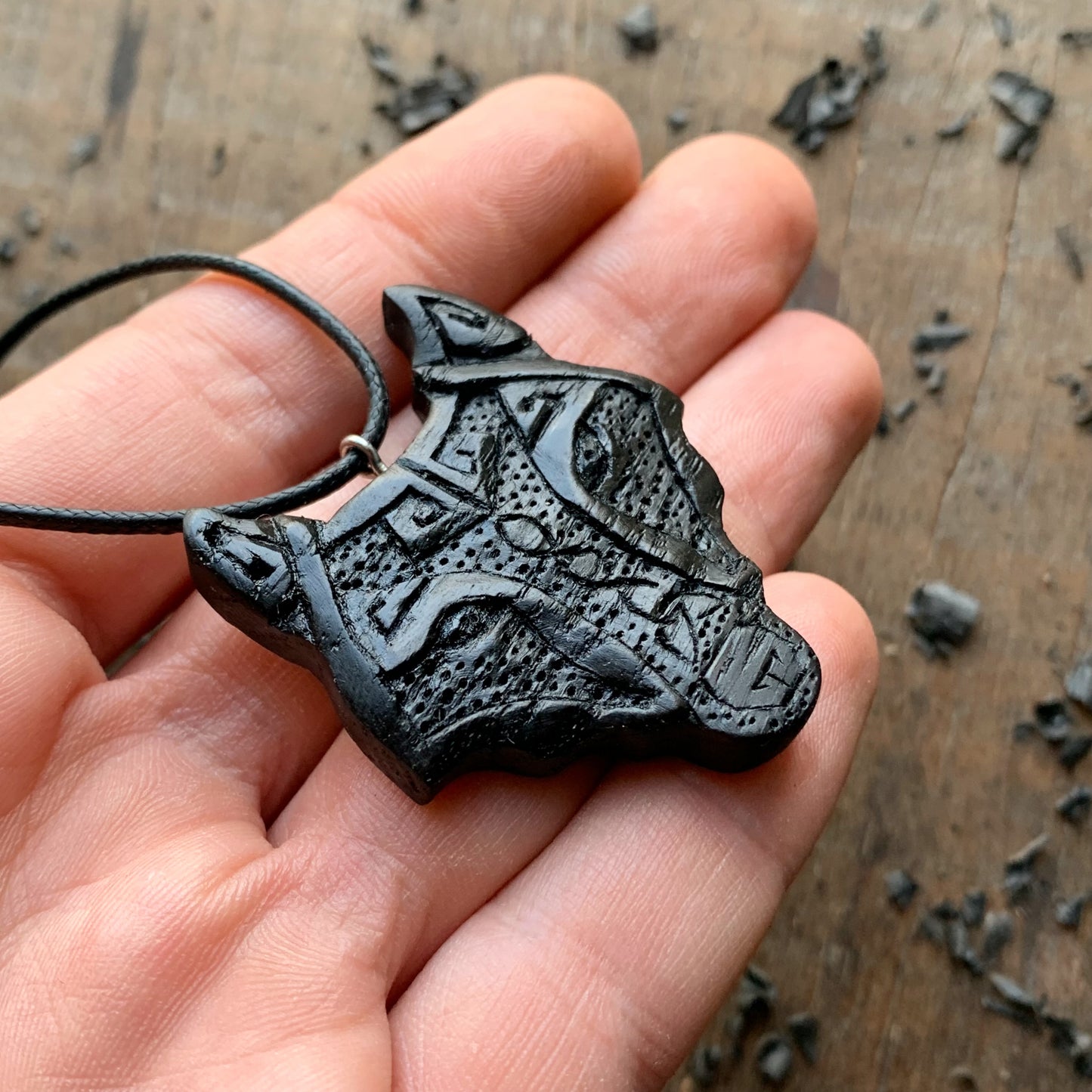 Viking Wolf Necklace, Norse Style Wolf Bog Oak Wood Pendant