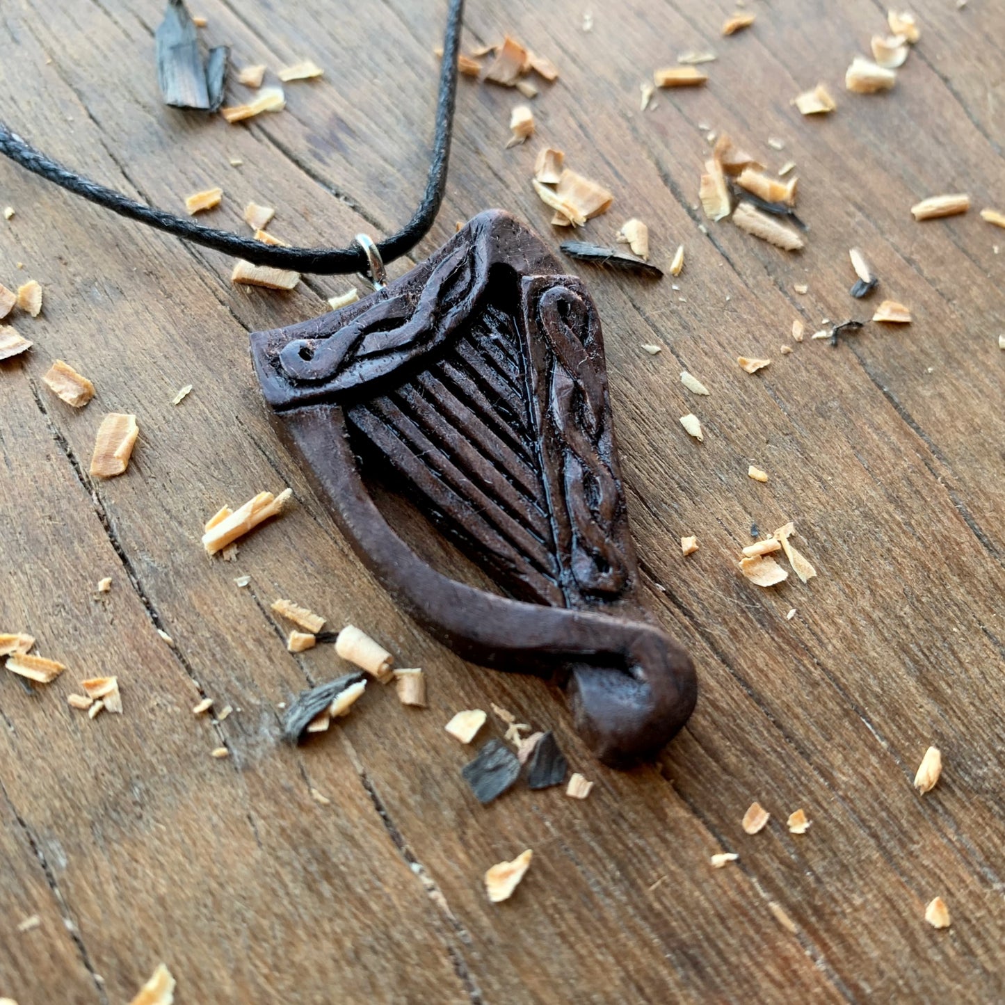 Celtic Harp Walnut Wood Pendant