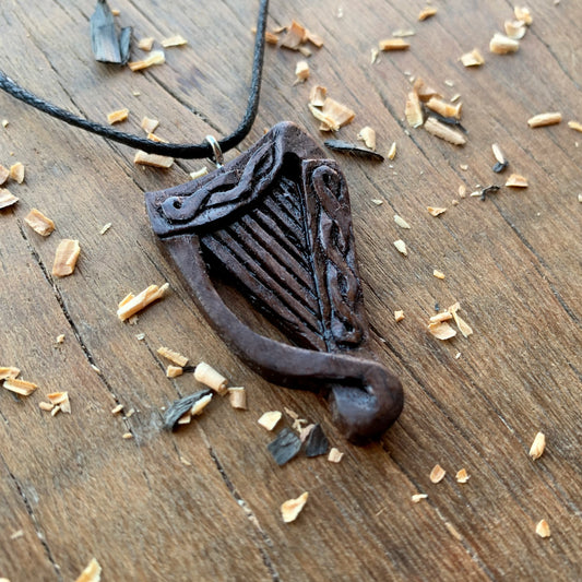 Celtic Harp Walnut Wood Pendant