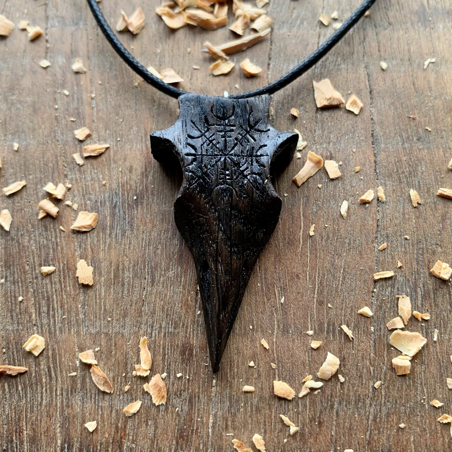 Raven’s Skull Aeigshjalmur Bog Oak Wood Pendant