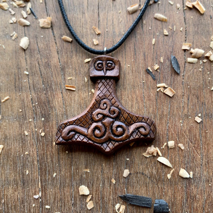 Mjolnir Triskelion Walnut Wood Pendant