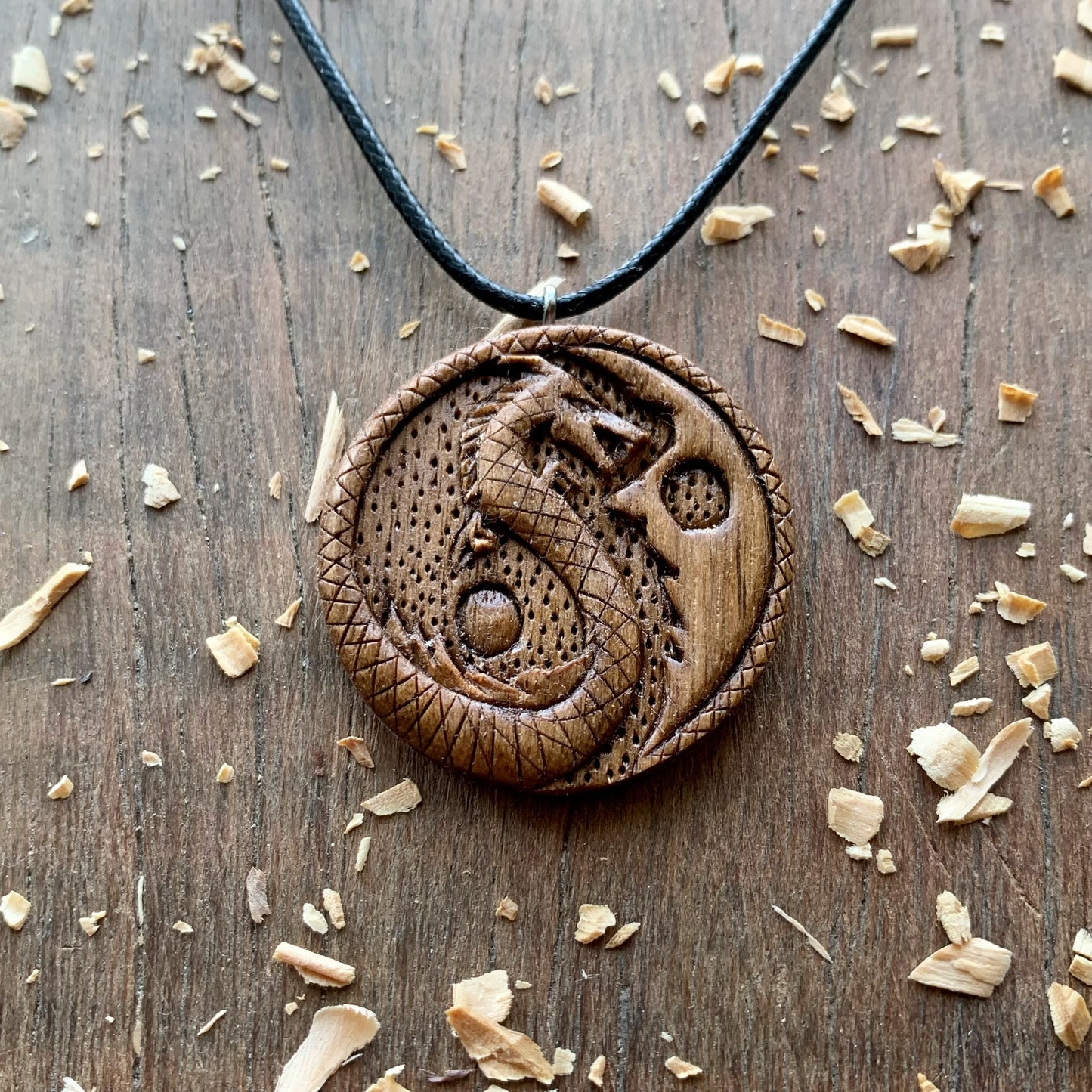 Yin Yang Dragon Walnut Wood Pendant