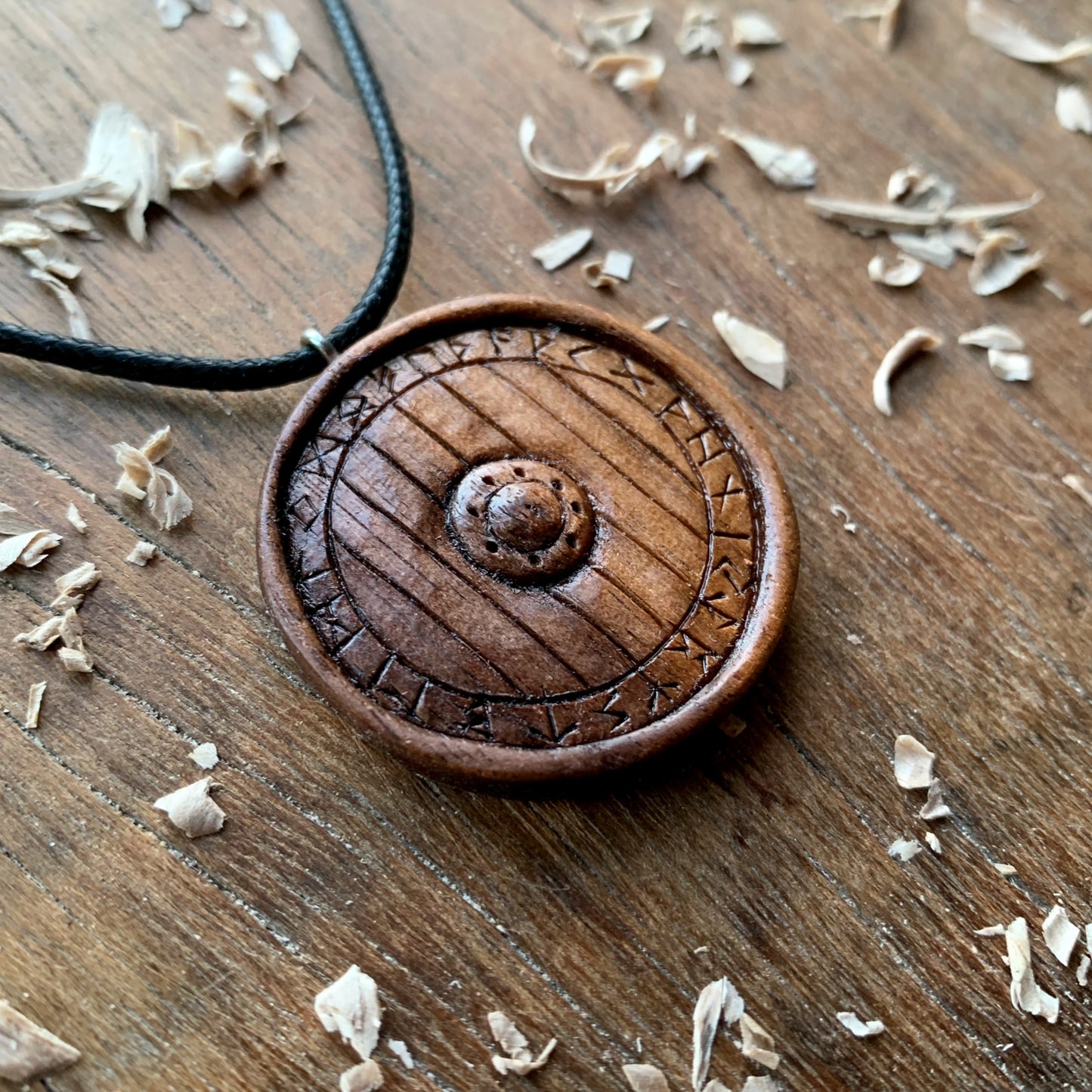 Viking Shield With Runes Walnut Wood Pendant