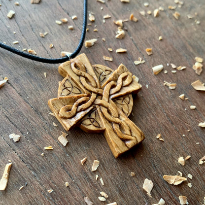 Celtic Cross Triquetra Oak Wood Pendant