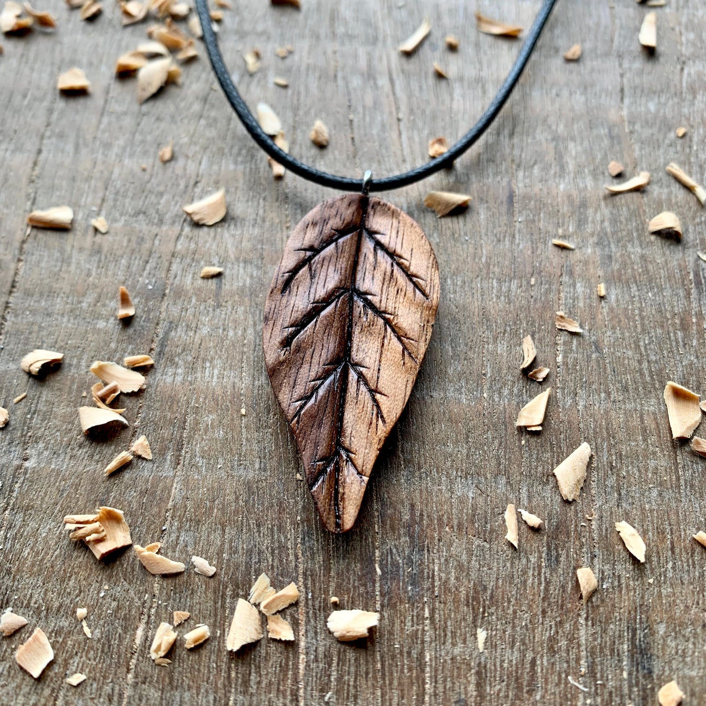 Hand Carved Walnut Wood Leaf Pendant