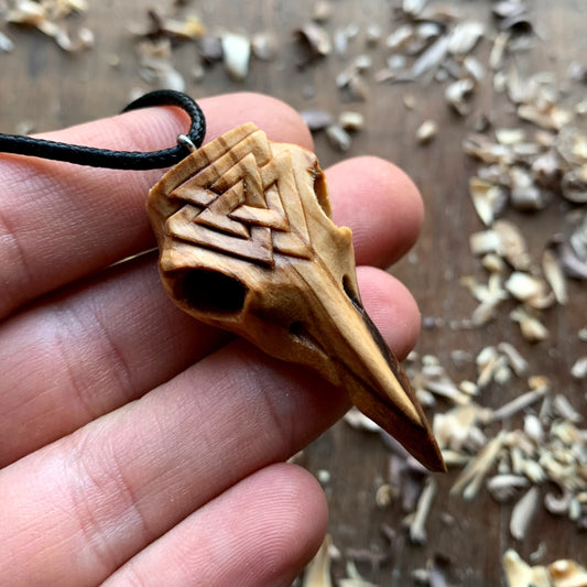 Raven's Skull "Valknut" Wood Pendant