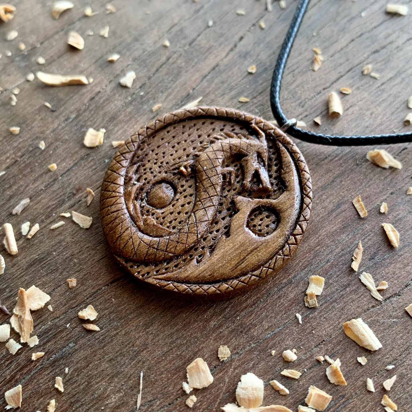 Yin Yang Dragon Walnut Wood Pendant