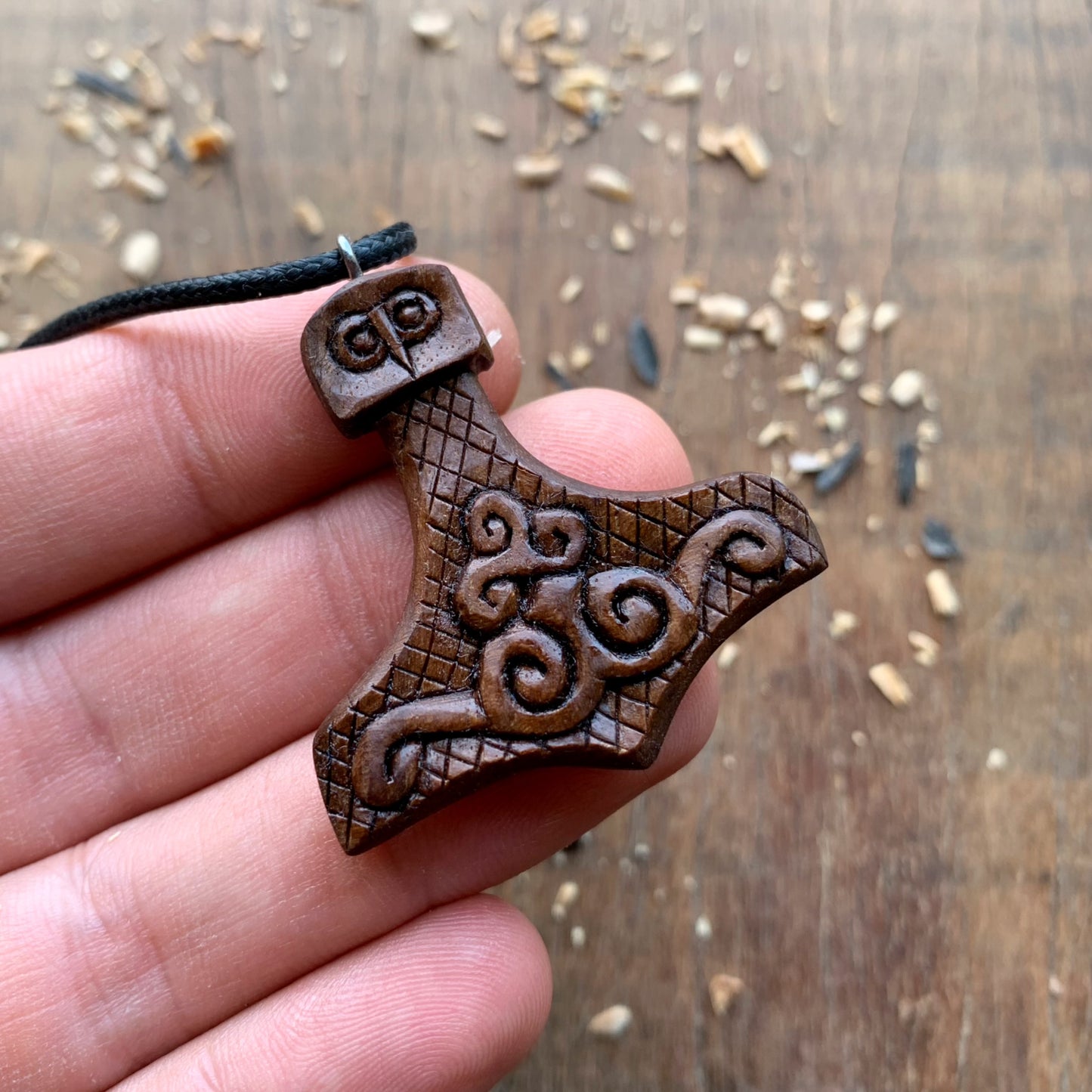 Mjolnir Triskelion Walnut Wood Pendant