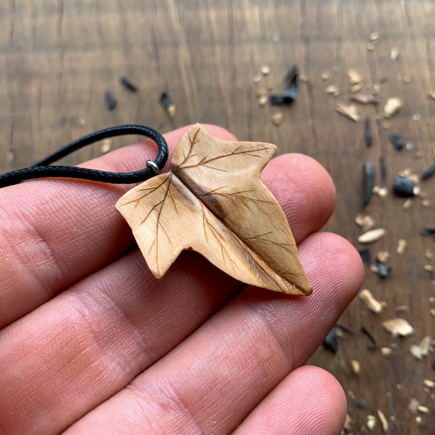 Ivy Leaf Walnut and Olive Wood Pendant