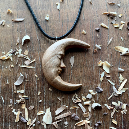 Moon Face Walnut Wood Pendant