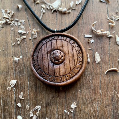 Viking Shield With Runes Walnut Wood Pendant