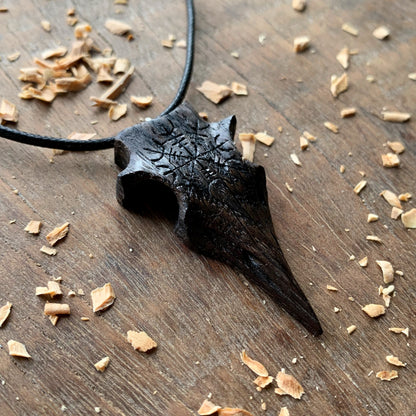 Raven’s Skull Aeigshjalmur Bog Oak Wood Pendant