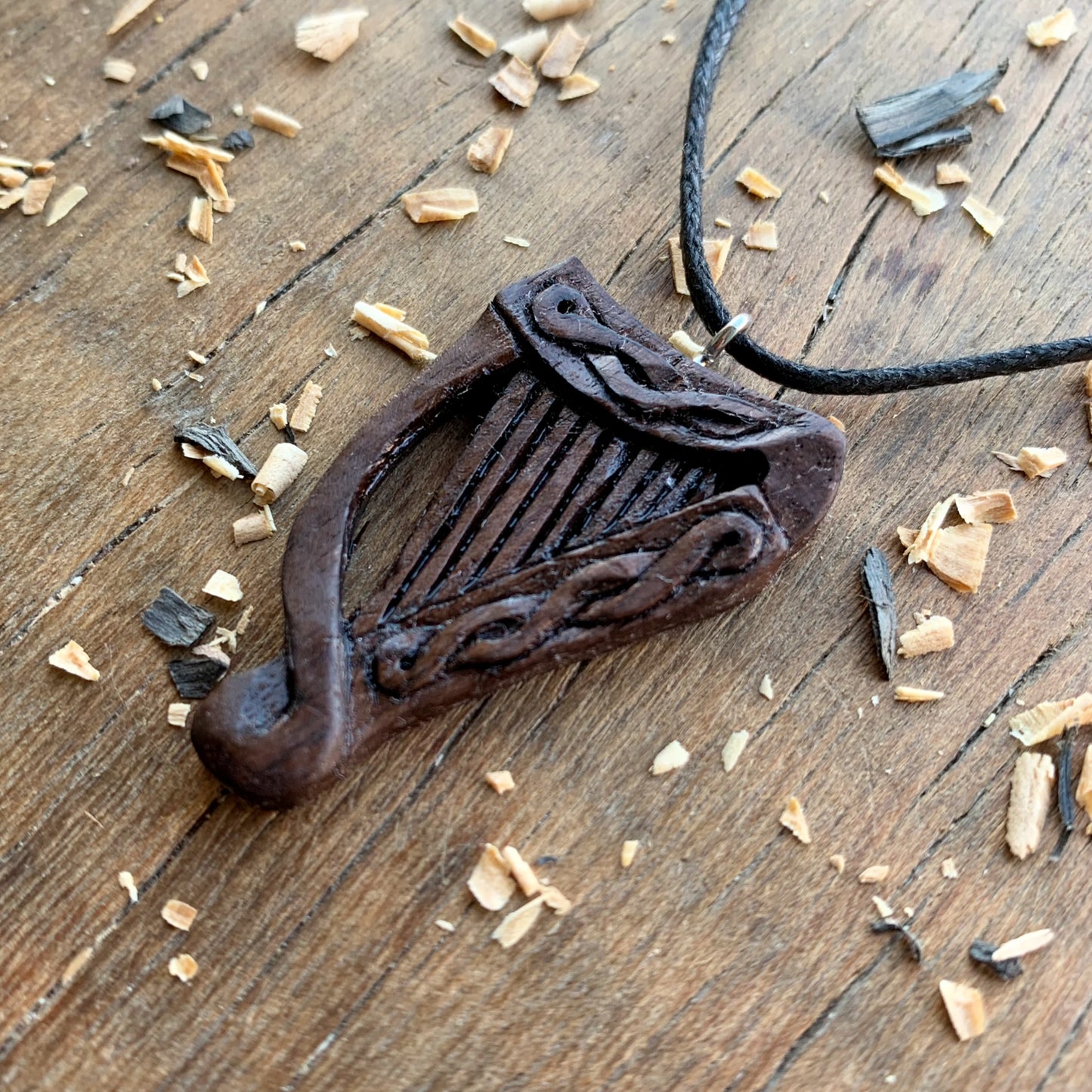 Celtic Harp Walnut Wood Pendant