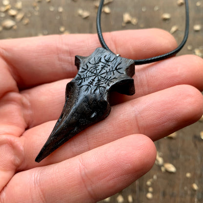 Raven’s Skull Aeigshjalmur Bog Oak Wood Pendant