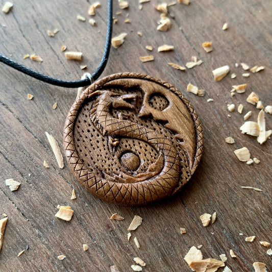 Yin Yang Dragon Walnut Wood Pendant