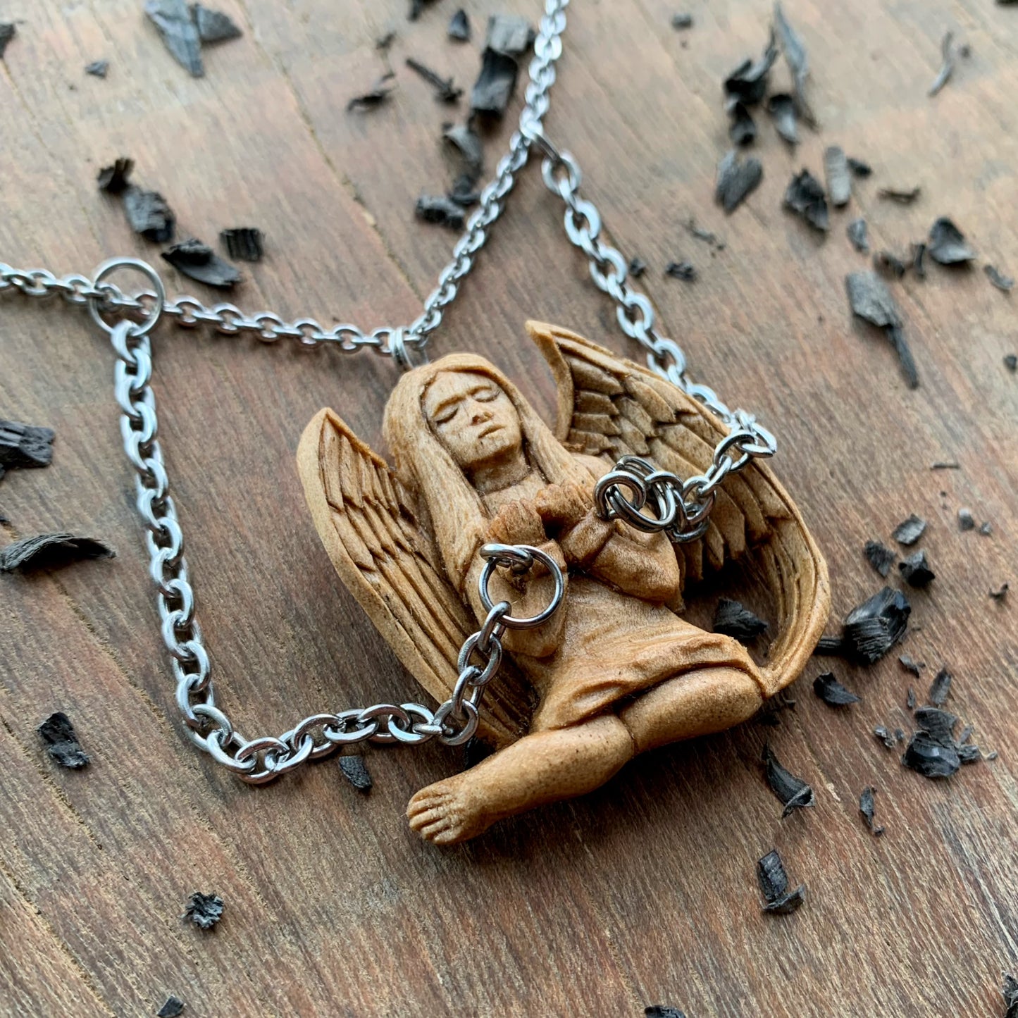 Angel In Chains Walnut Wood Pendant