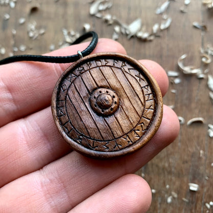 Viking Shield With Runes Walnut Wood Pendant