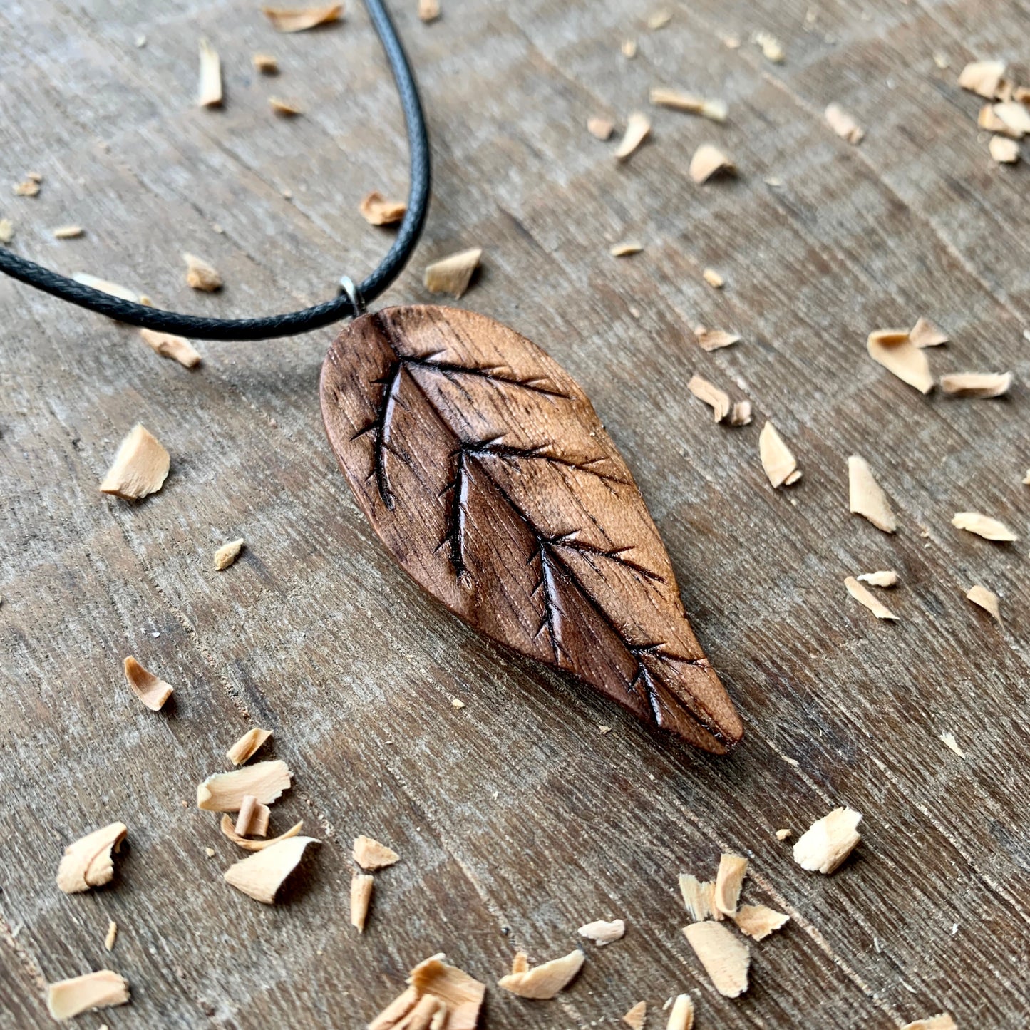 Hand Carved Walnut Wood Leaf Pendant