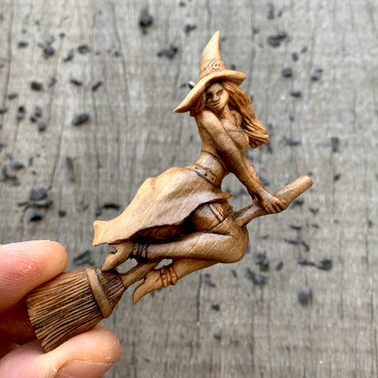 Hand Carved Witch Necklace, Witch Walnut Wood Pendant