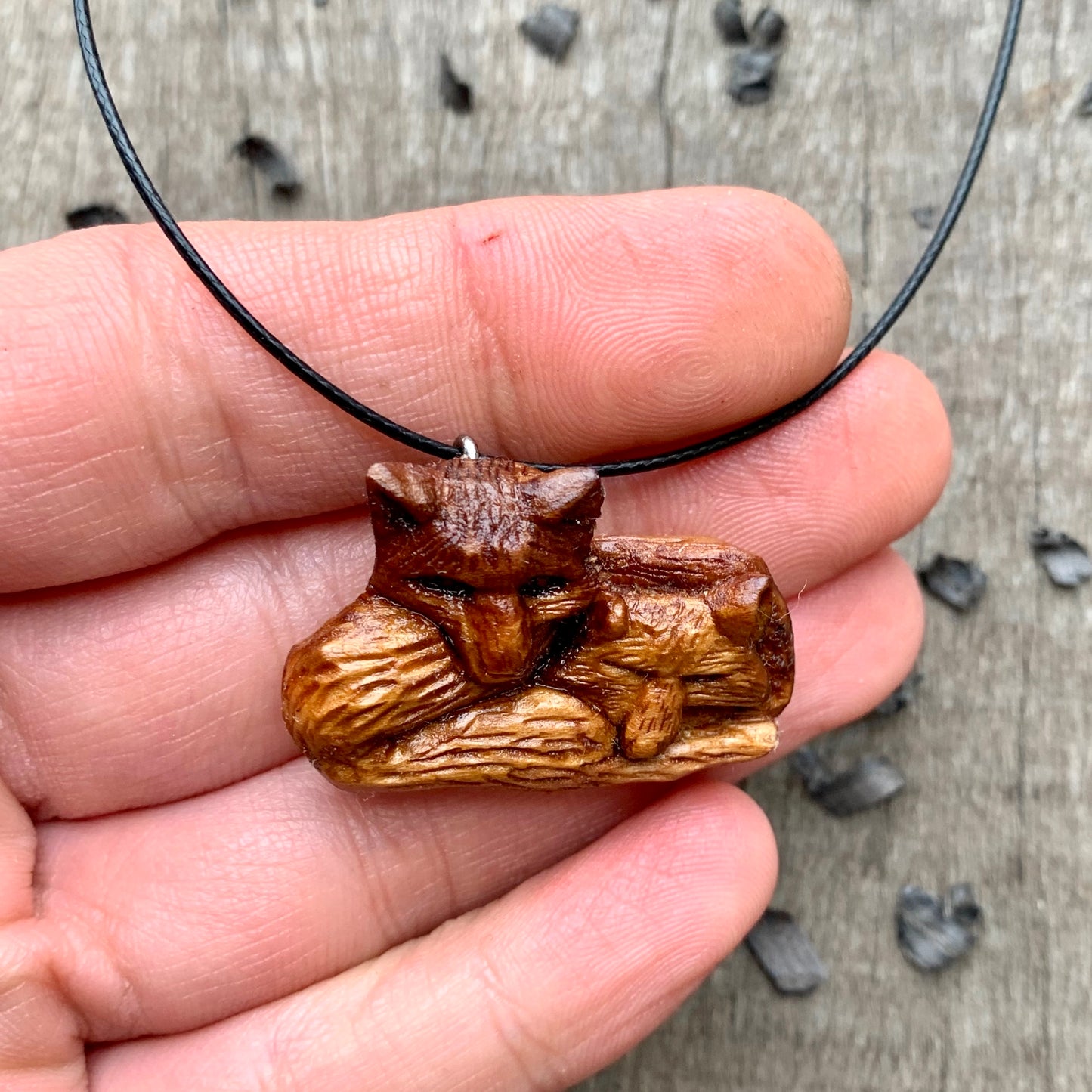 Two Lying Foxes Pendant, Plum Wood Necklace