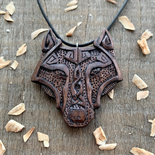 Viking Wolf Necklace, Norse Style Wolf Walnut Wood Pendant