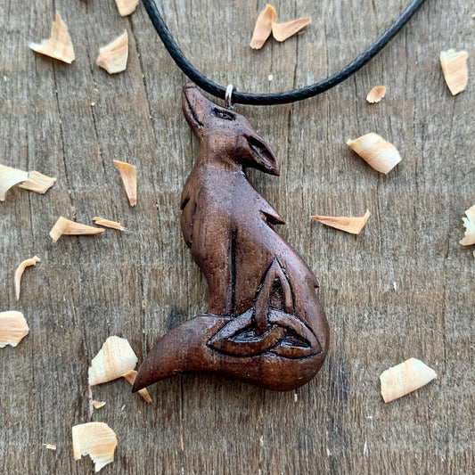 Celtic Wolf and Triquetra Dark Walnut Wood Pendant