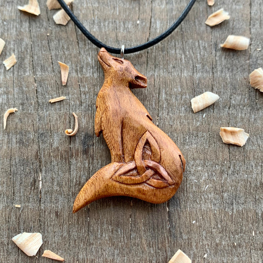 Celtic Wolf and Triquetra Almond Wood Pendant