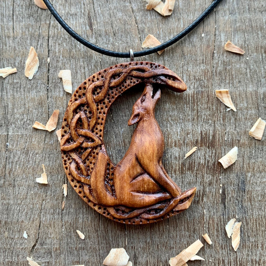 Celtic Howling Wolf on Moon Pendant with Triquetra