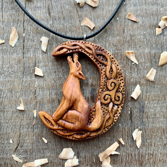 Celtic Howling Wolf on Moon Pendant with Triskelion