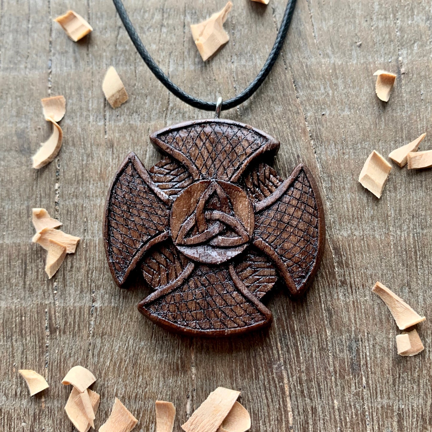 Celtic Cross Triquetra Walnut Wood Pendant