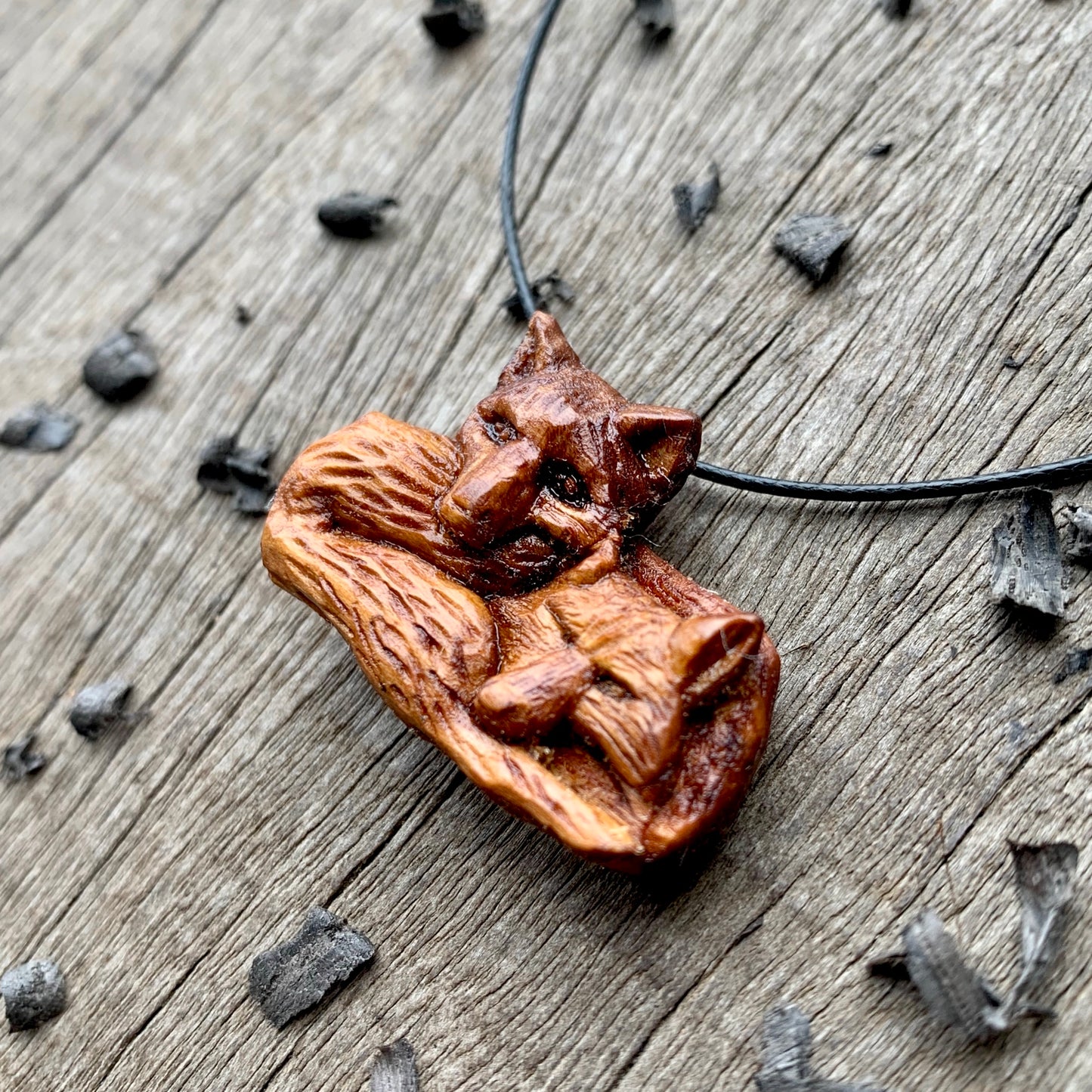 Two Lying Foxes Pendant, Plum Wood Necklace