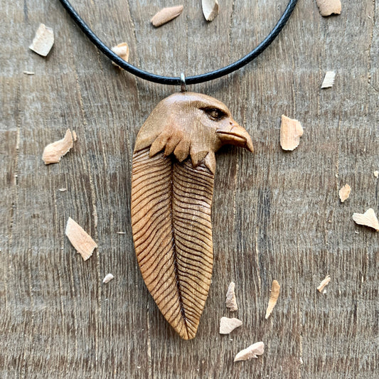 Hawk’s Head-Feather Walnut Wood Pendant