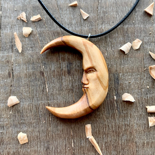 Moon Face Olive Wood Pendant