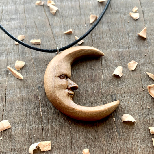 Moon Face Walnut Wood Pendant