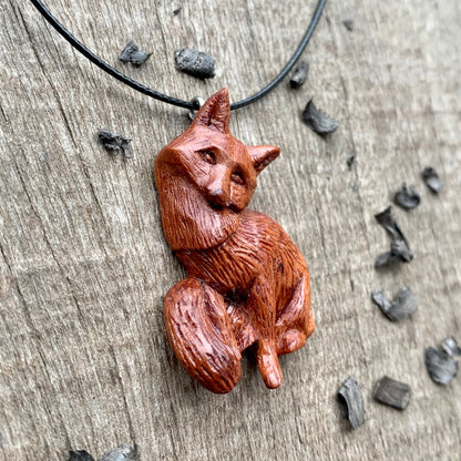 Hand Carved Fox Necklace, Fox Pendant, Apricot Wood Jewelry