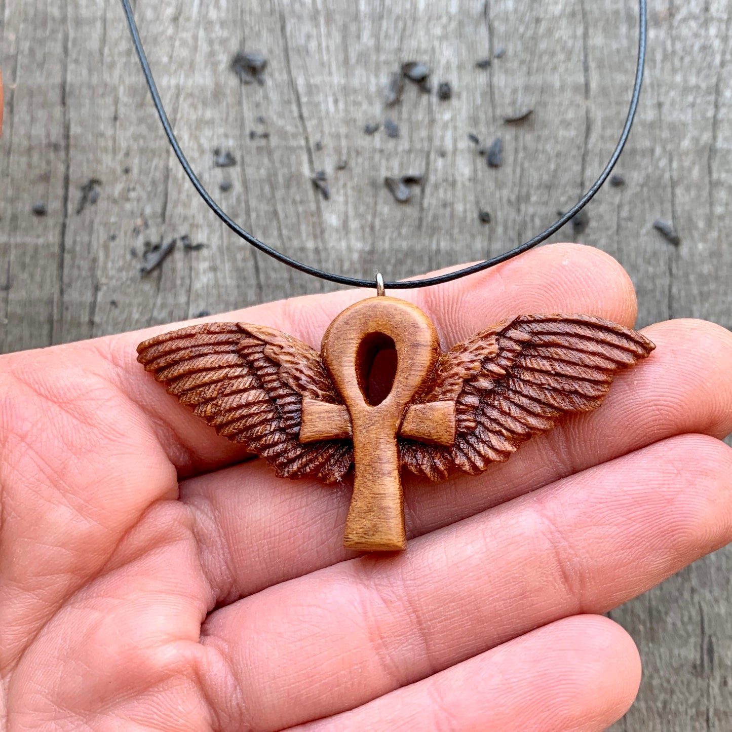 Hand Carved Ankh with Wings Necklace, Almond Wood Pendant