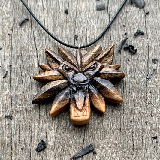 Witcher Wolf Necklace, Hand Carved Walnut Wood Pendant