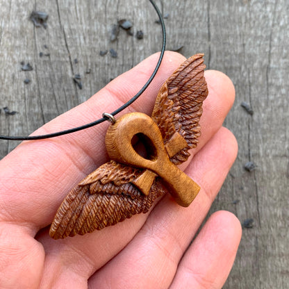 Hand Carved Ankh with Wings Necklace, Almond Wood Pendant