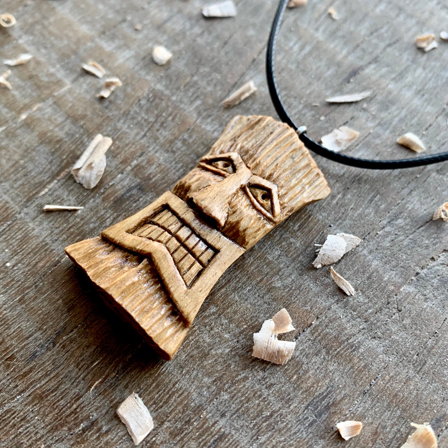 Tiki Mask Oak Wood Pendant