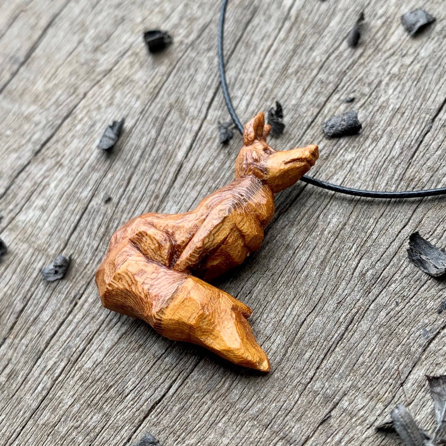 Hand Carved Fox Pendant Necklace, Almond Wood Jewelry