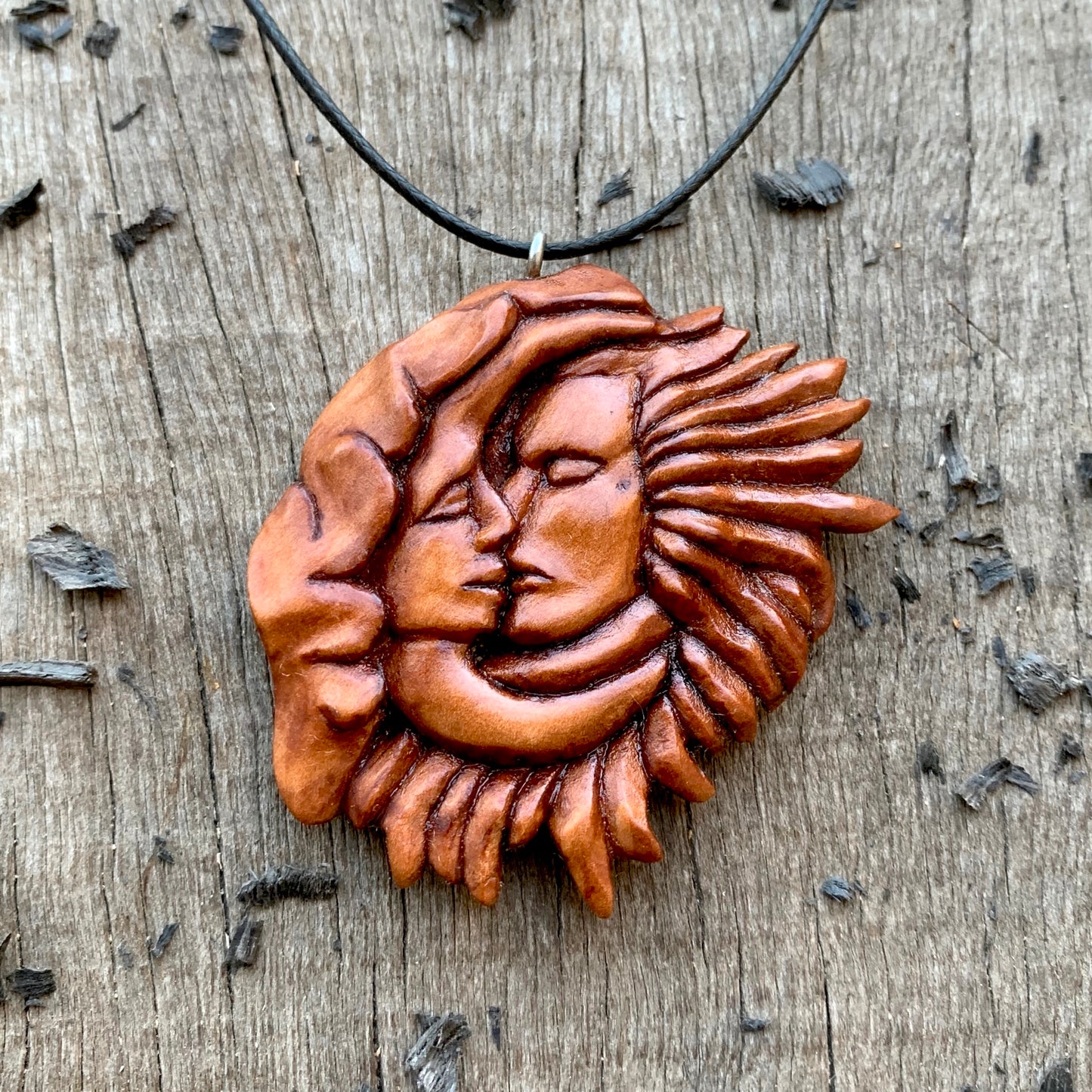 Sun and Moon Kissing Pendant, Hand Carved Wooden Necklace