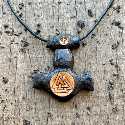 Thor’s Hammer with Valknut and Algiz Rune Pendant