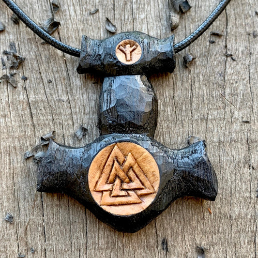 Mjolnir with Valknut and Algiz Rune Pendant