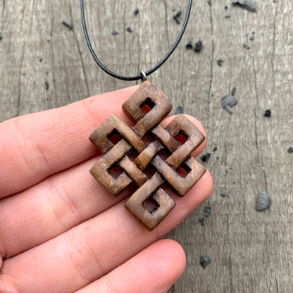 Hand Carved Endless Knot necklace, Celtic Wood Pendant