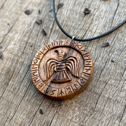 Viking Raven with Runes Pendant