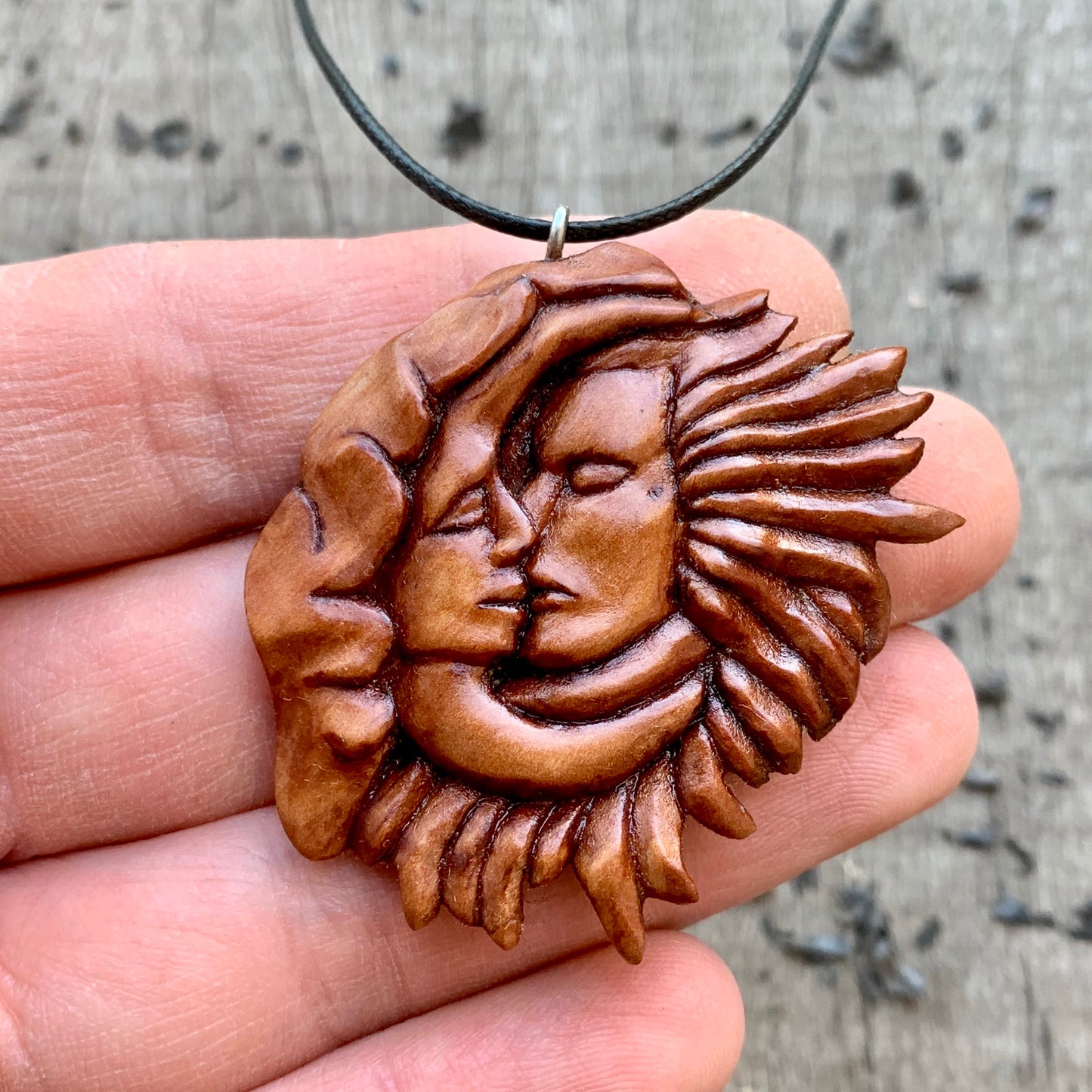 Sun and Moon Kissing Pendant, Hand Carved Wooden Necklace